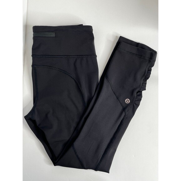 LULULEMON Run Tempo crop Leggings Ruched lower leg side Black Stretch #323 - Picture 7 of 12